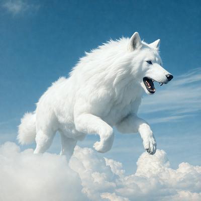 The primary subject of the image is a white wolf with its mouth open, flying through the sky. The wolf appears to be in mid-air, possibly leaping from a cliff or a cloud. The setting is a cloudy sky, which provides a dramatic backdrop for the wolf's flight. The visual style of the image is a combination of photo and digital art, creating a dynamic and captivating scene. The colors and mood of the image are predominantly white and blue, with a sense of